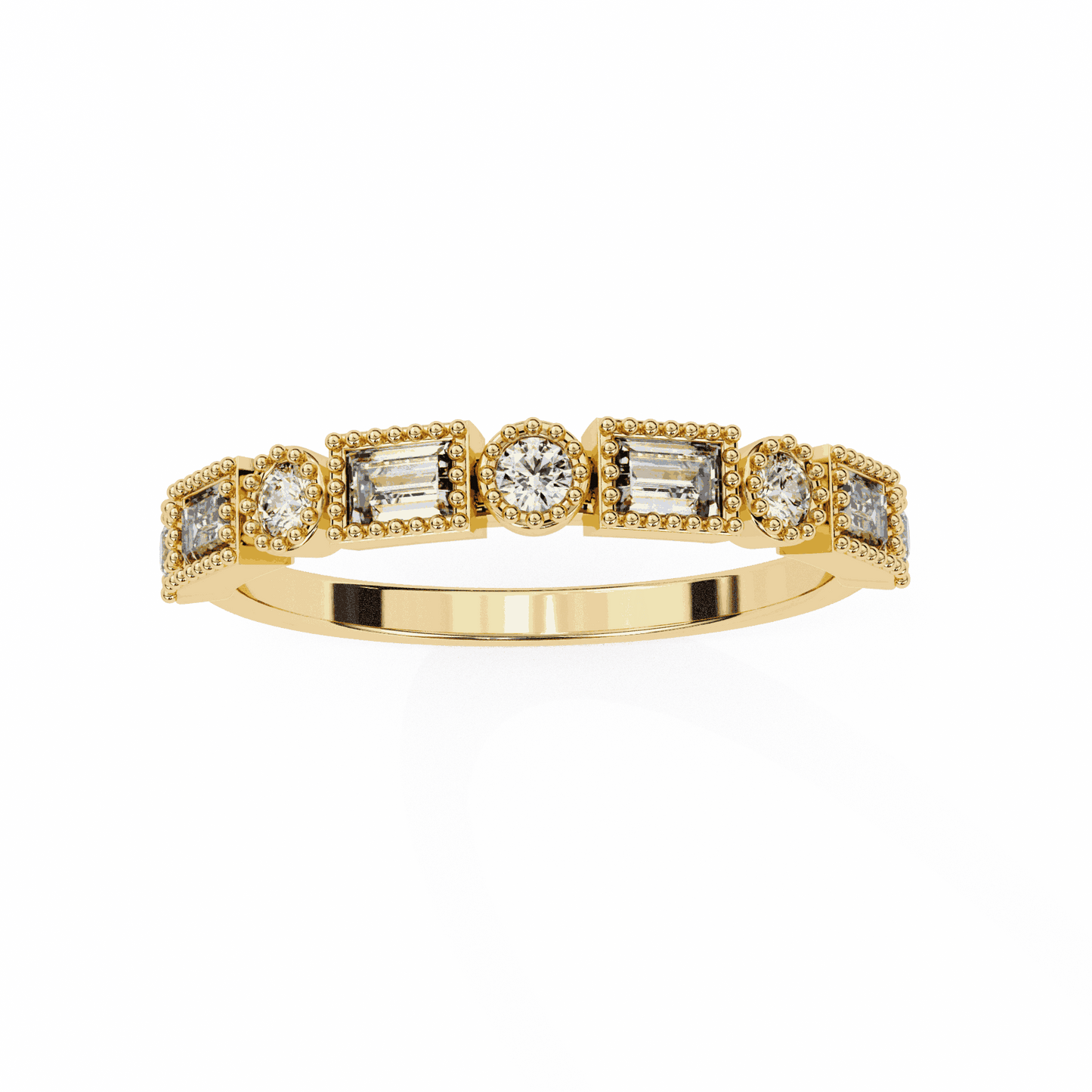 Emerald Cut Lab Grown Diamond Vintage Engagement Ring with Art Deco Baguette and Round Milgrain Band