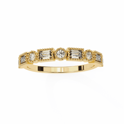 Emerald Cut Lab Grown Diamond Vintage Engagement Ring with Art Deco Baguette and Round Milgrain Band