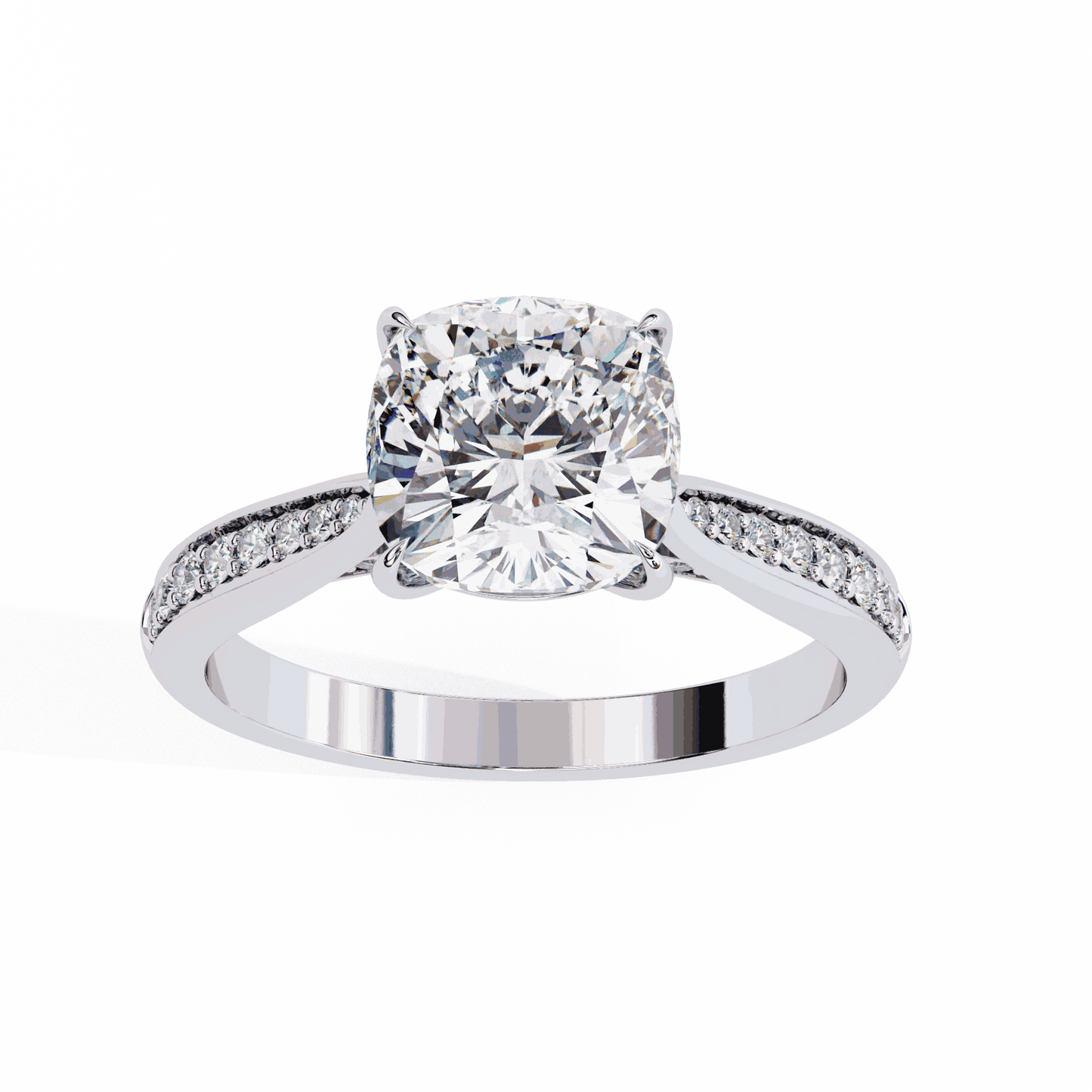 Cushion Cut Lab Grown Diamond Pave Engagement Ring with Tapered Two-Tone Shoulders