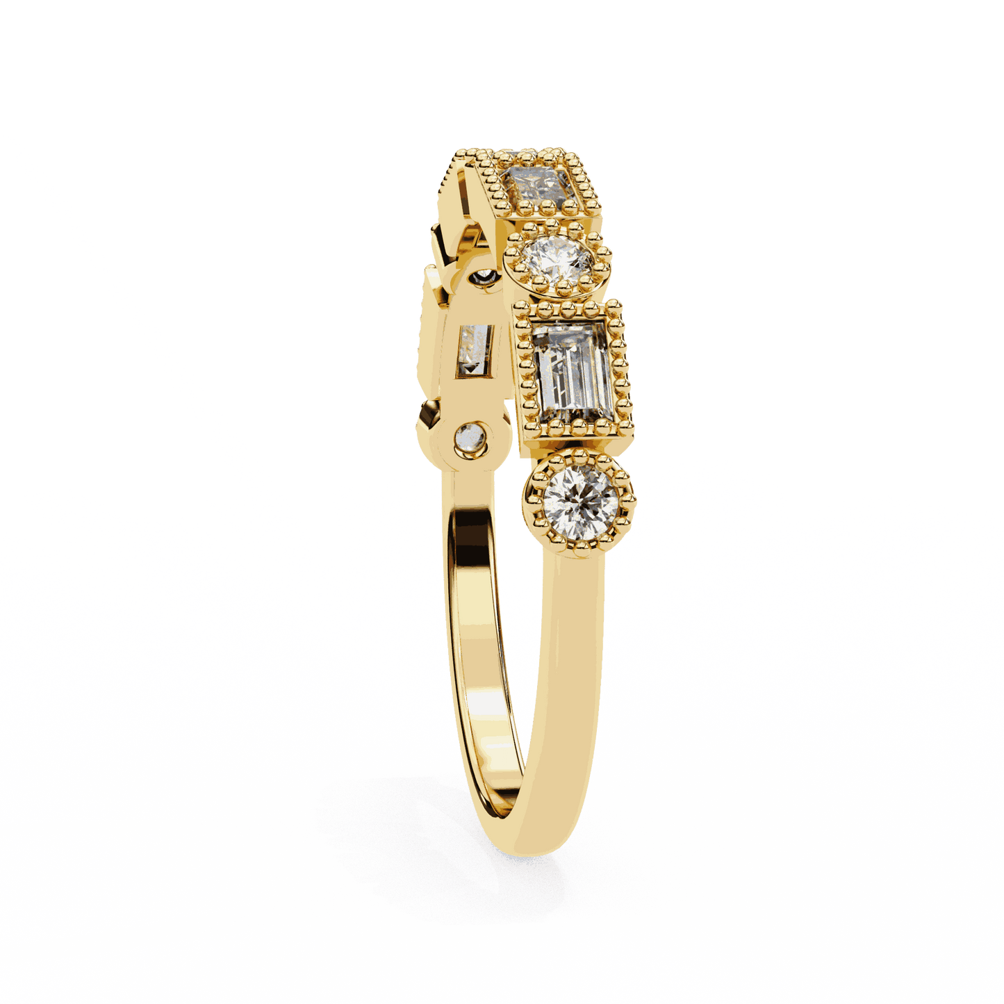 Emerald Cut Lab Grown Diamond Vintage Engagement Ring with Art Deco Baguette and Round Milgrain Band