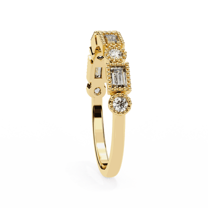 Emerald Cut Lab Grown Diamond Vintage Engagement Ring with Art Deco Baguette and Round Milgrain Band