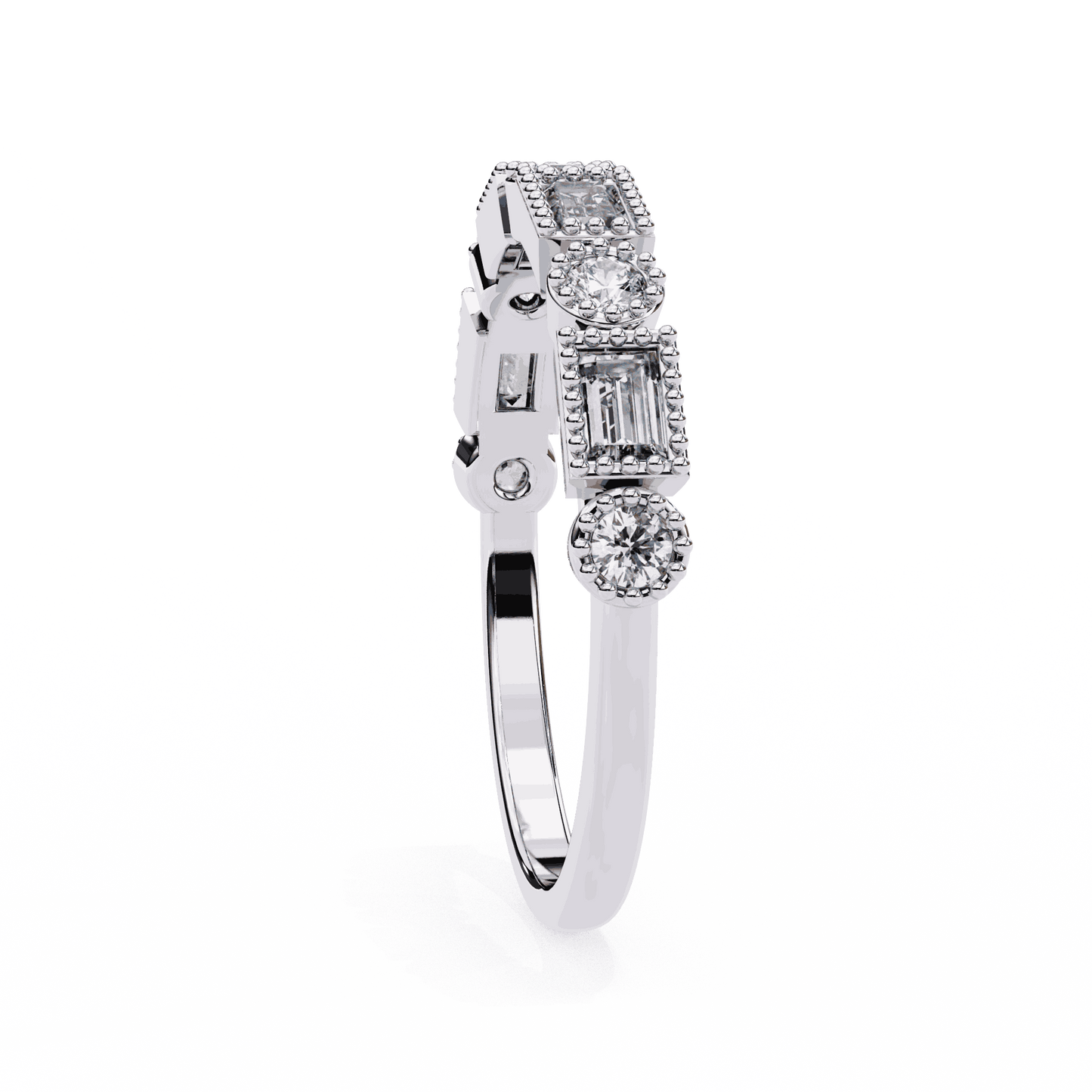 Emerald Cut Lab Grown Diamond Vintage Engagement Ring with Art Deco Baguette and Round Milgrain Band