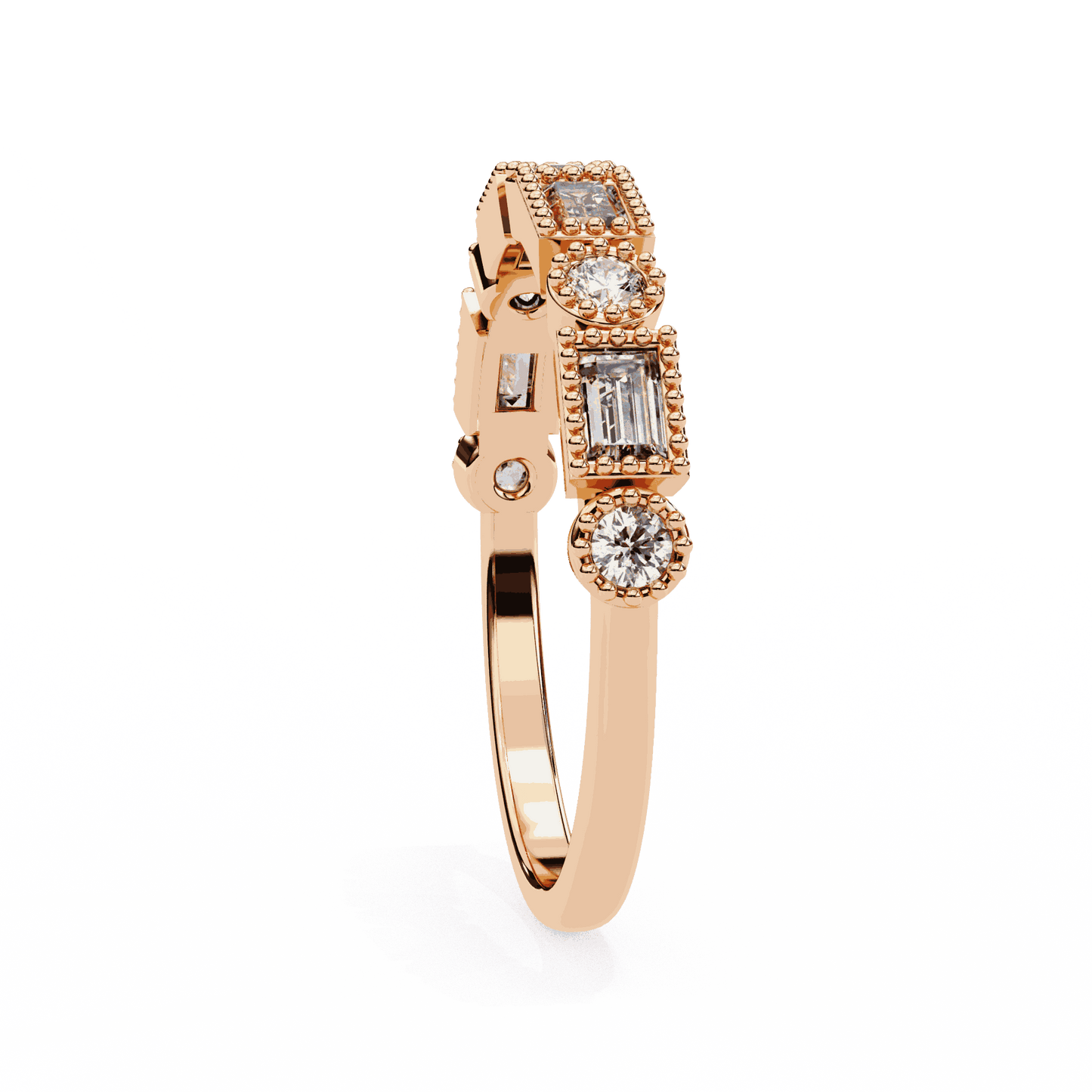 Emerald Cut Lab Grown Diamond Vintage Engagement Ring with Art Deco Baguette and Round Milgrain Band
