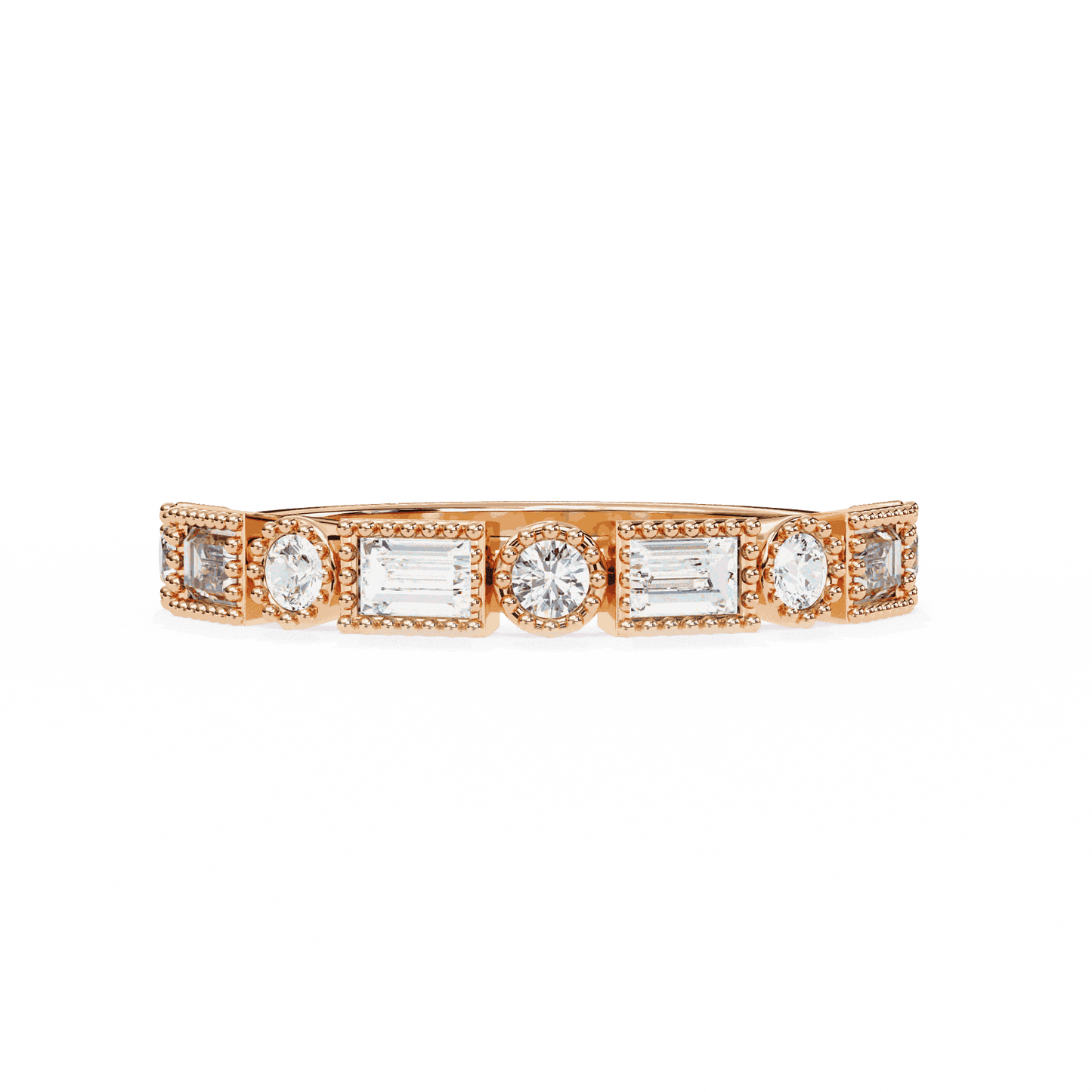 Emerald Cut Lab Grown Diamond Vintage Engagement Ring with Art Deco Baguette and Round Milgrain Band