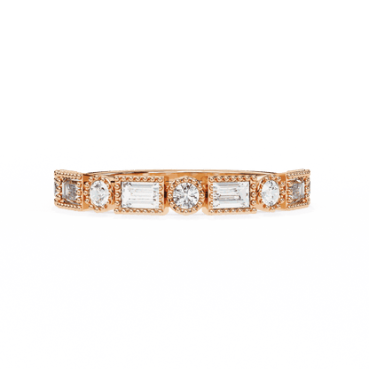 Emerald Cut Lab Grown Diamond Vintage Engagement Ring with Art Deco Baguette and Round Milgrain Band