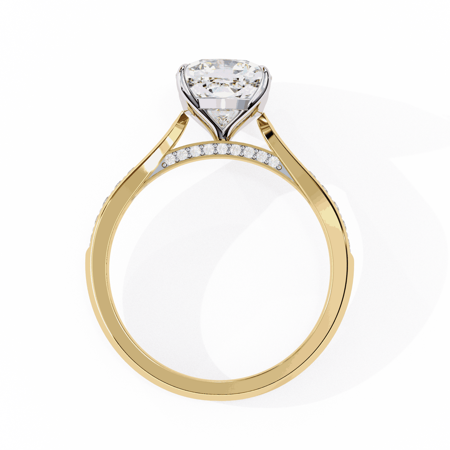 Cushion Cut Lab Grown Diamond Pave Engagement Ring with Tapered Two-Tone Shoulders