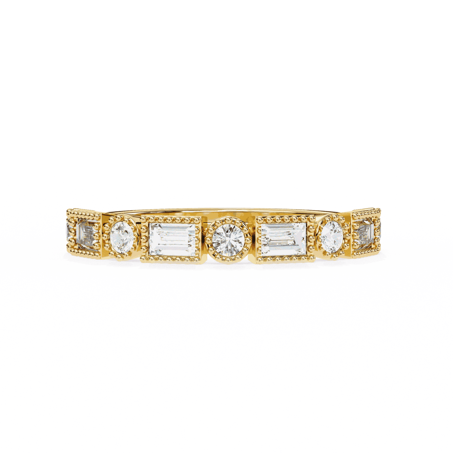 Emerald Cut Lab Grown Diamond Vintage Engagement Ring with Art Deco Baguette and Round Milgrain Band