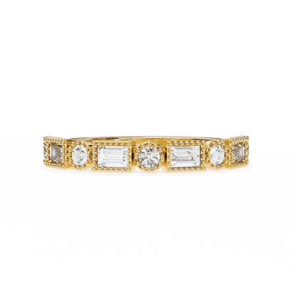 Emerald Cut Lab Grown Diamond Vintage Engagement Ring with Art Deco Baguette and Round Milgrain Band