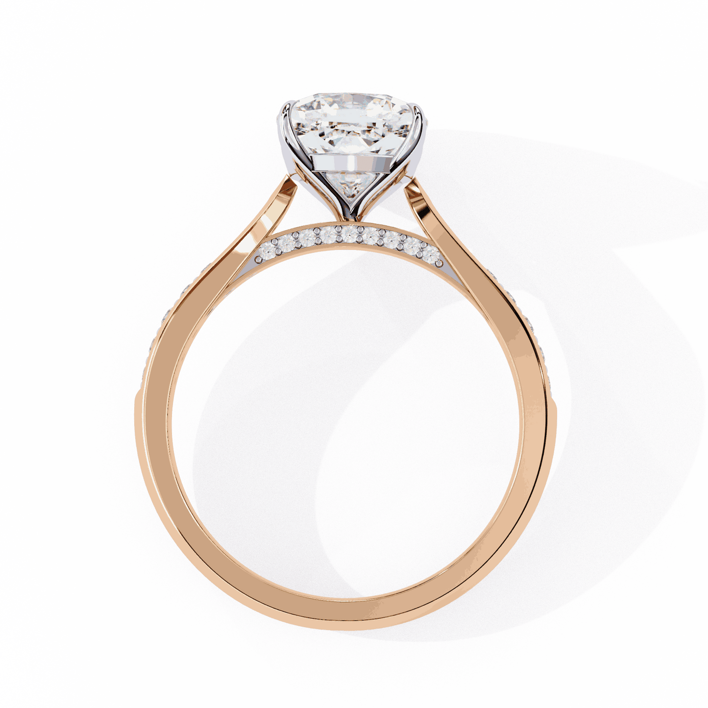 Cushion Cut Lab Grown Diamond Pave Engagement Ring with Tapered Two-Tone Shoulders
