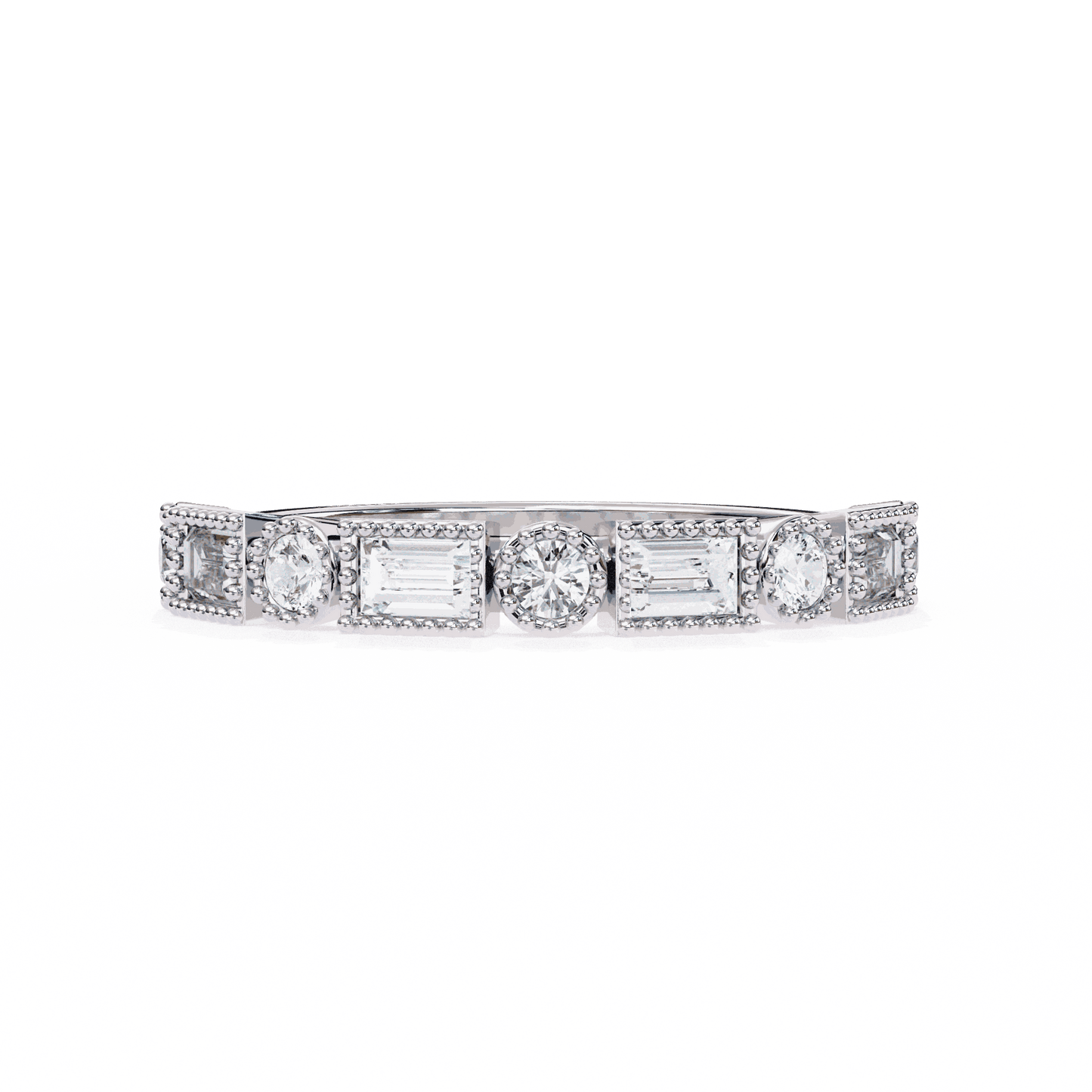 Emerald Cut Lab Grown Diamond Vintage Engagement Ring with Art Deco Baguette and Round Milgrain Band