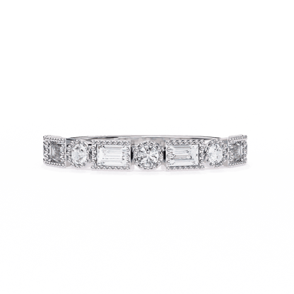 Emerald Cut Lab Grown Diamond Vintage Engagement Ring with Art Deco Baguette and Round Milgrain Band