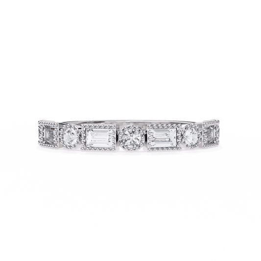Emerald Cut Lab Grown Diamond Vintage Engagement Ring with Art Deco Baguette and Round Milgrain Band