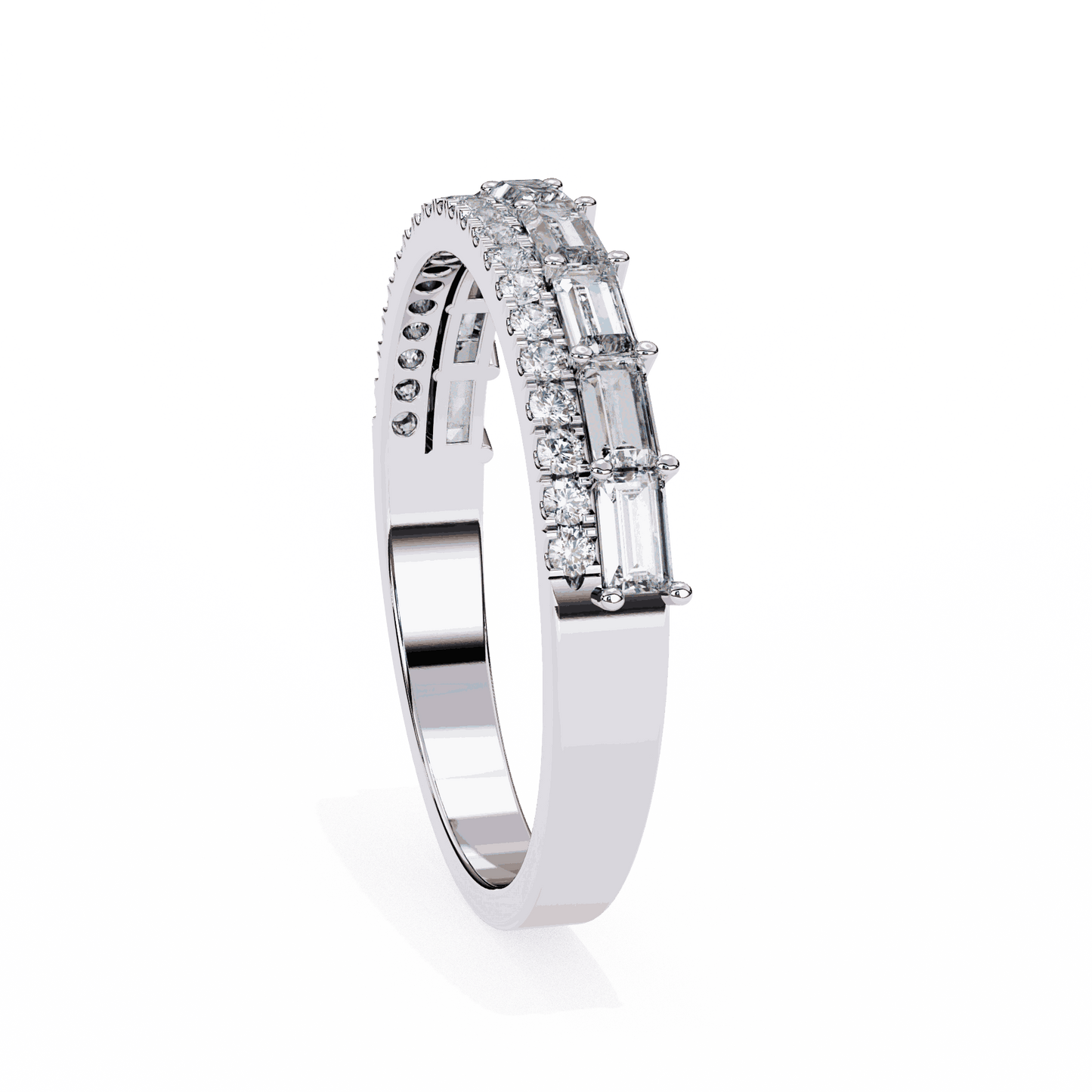 Emerald Cut Lab Grown Diamond Pave Engagement Ring with Double Row Baguette and Pave Band