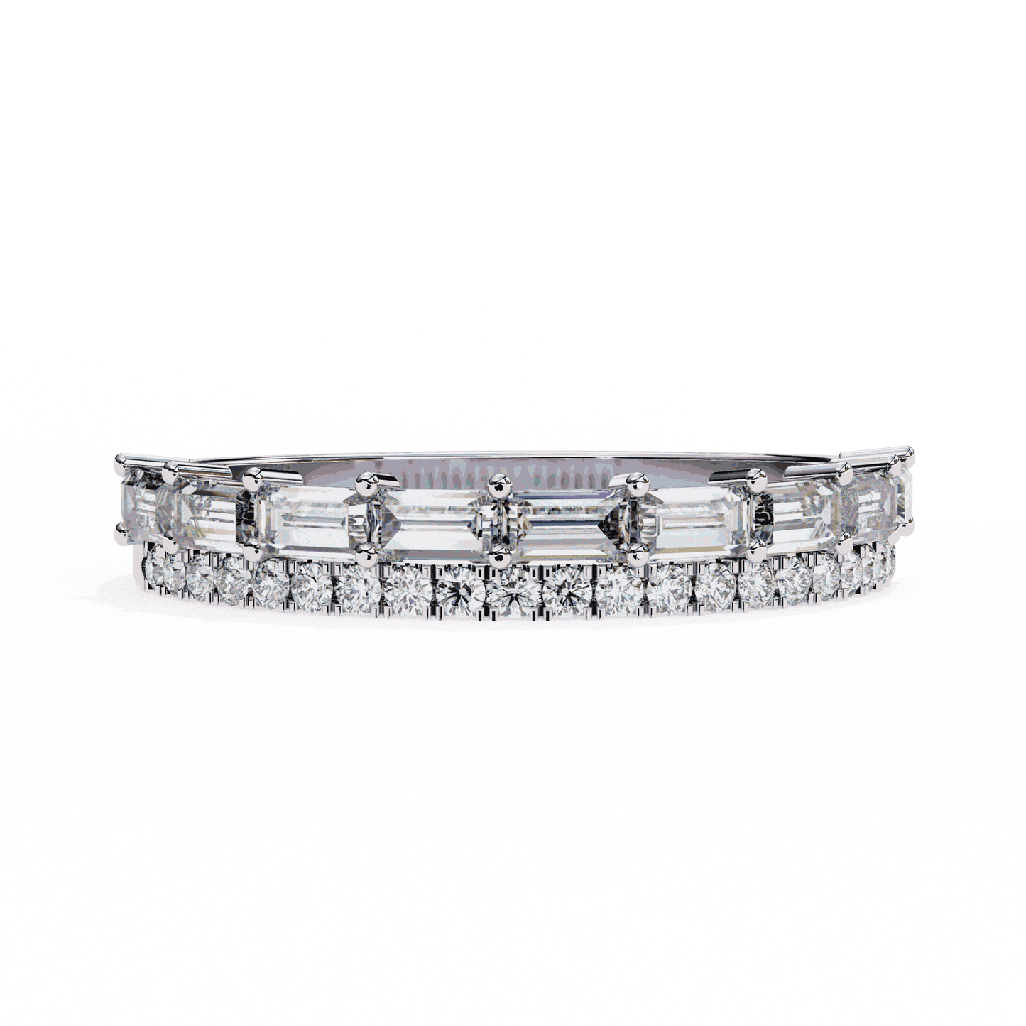 Emerald Cut Lab Grown Diamond Pave Engagement Ring with Double Row Baguette and Pave Band