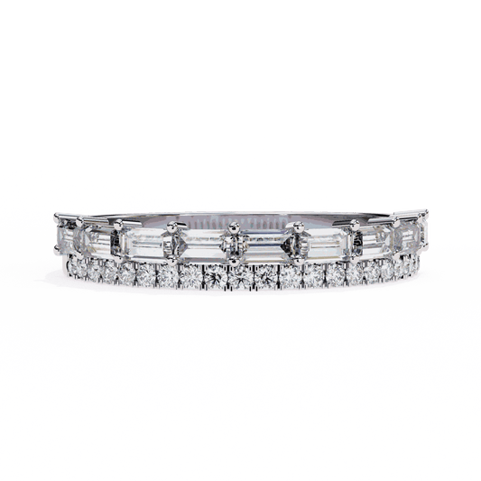 Emerald Cut Lab Grown Diamond Pave Engagement Ring with Double Row Baguette and Pave Band