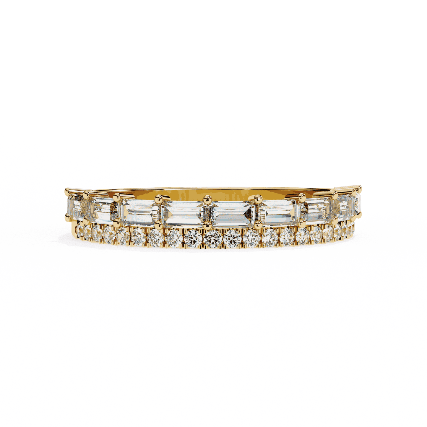 Emerald Cut Lab Grown Diamond Pave Engagement Ring with Double Row Baguette and Pave Band