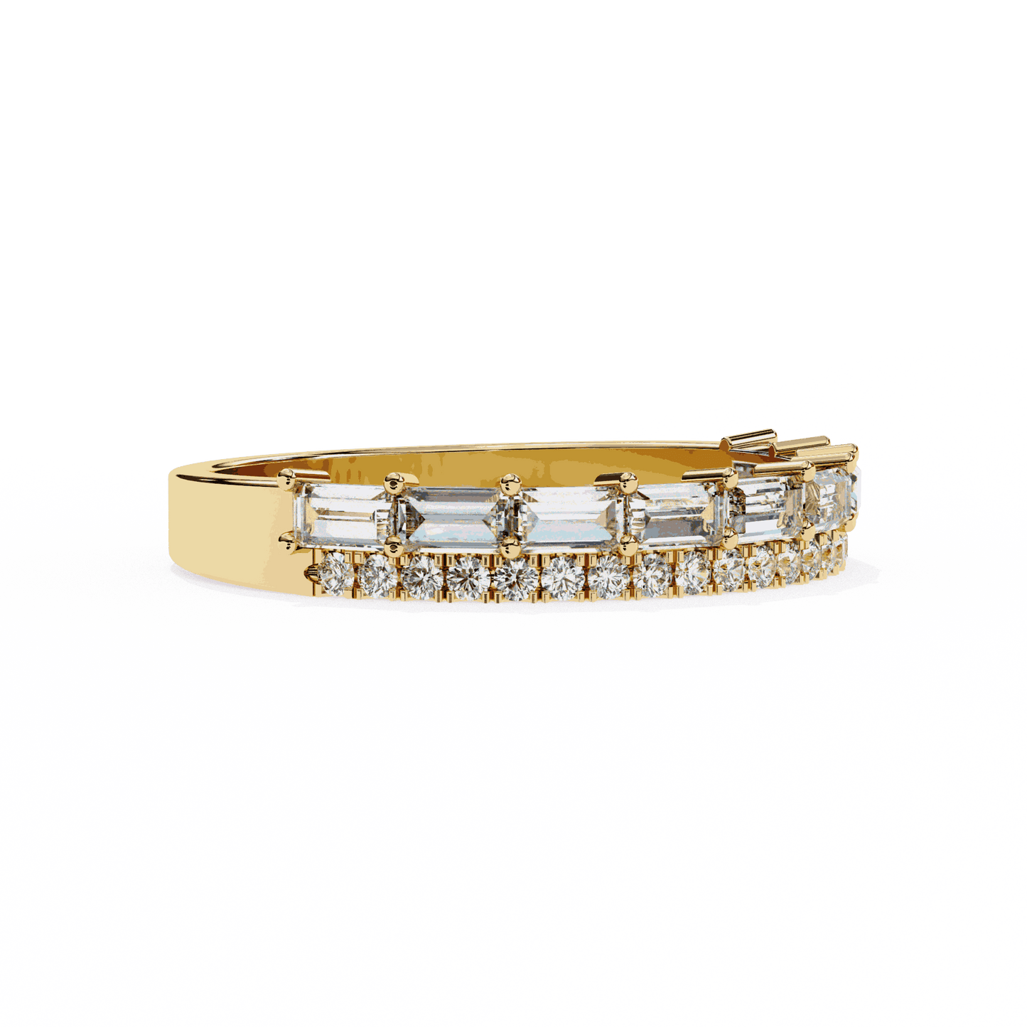 Emerald Cut Lab Grown Diamond Pave Engagement Ring with Double Row Baguette and Pave Band