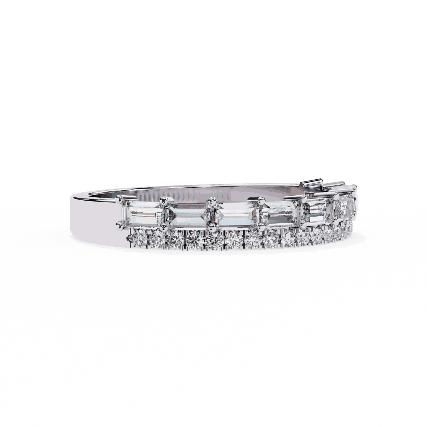 Emerald Cut Lab Grown Diamond Pave Engagement Ring with Double Row Baguette and Pave Band