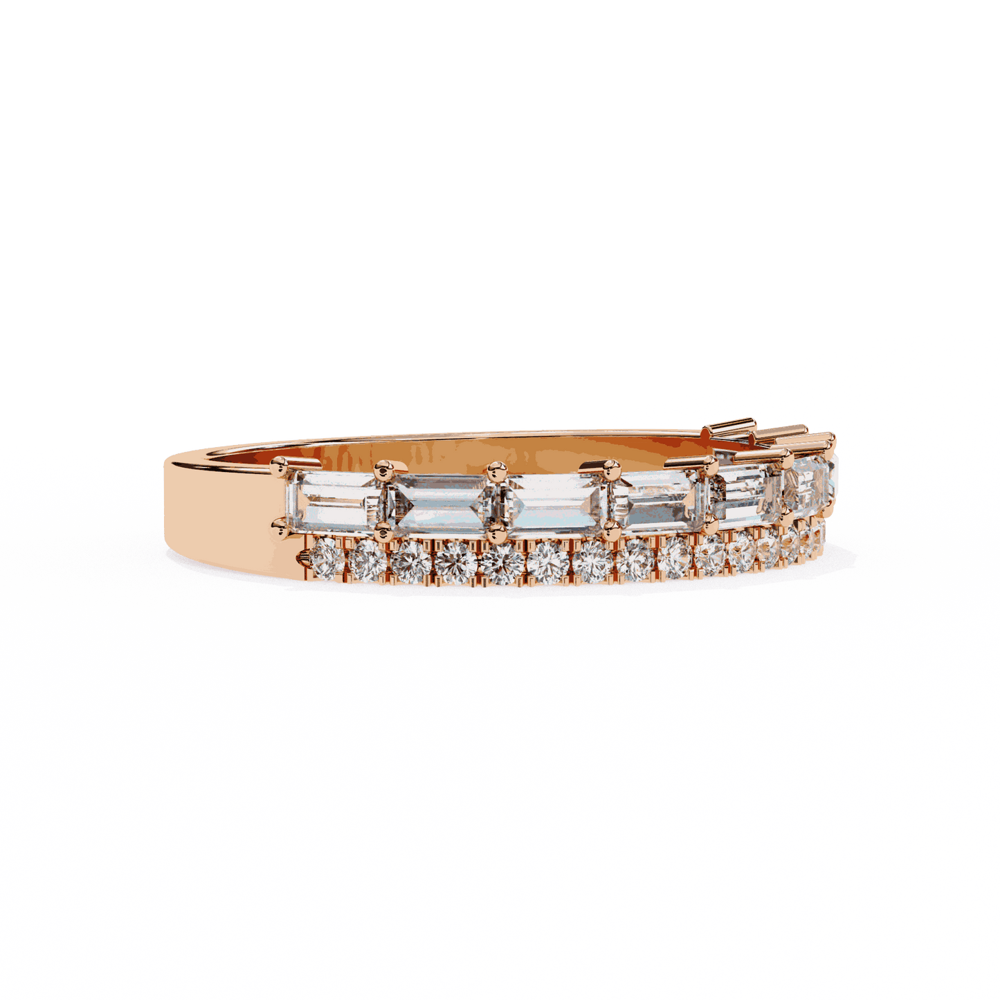 Emerald Cut Lab Grown Diamond Pave Engagement Ring with Double Row Baguette and Pave Band