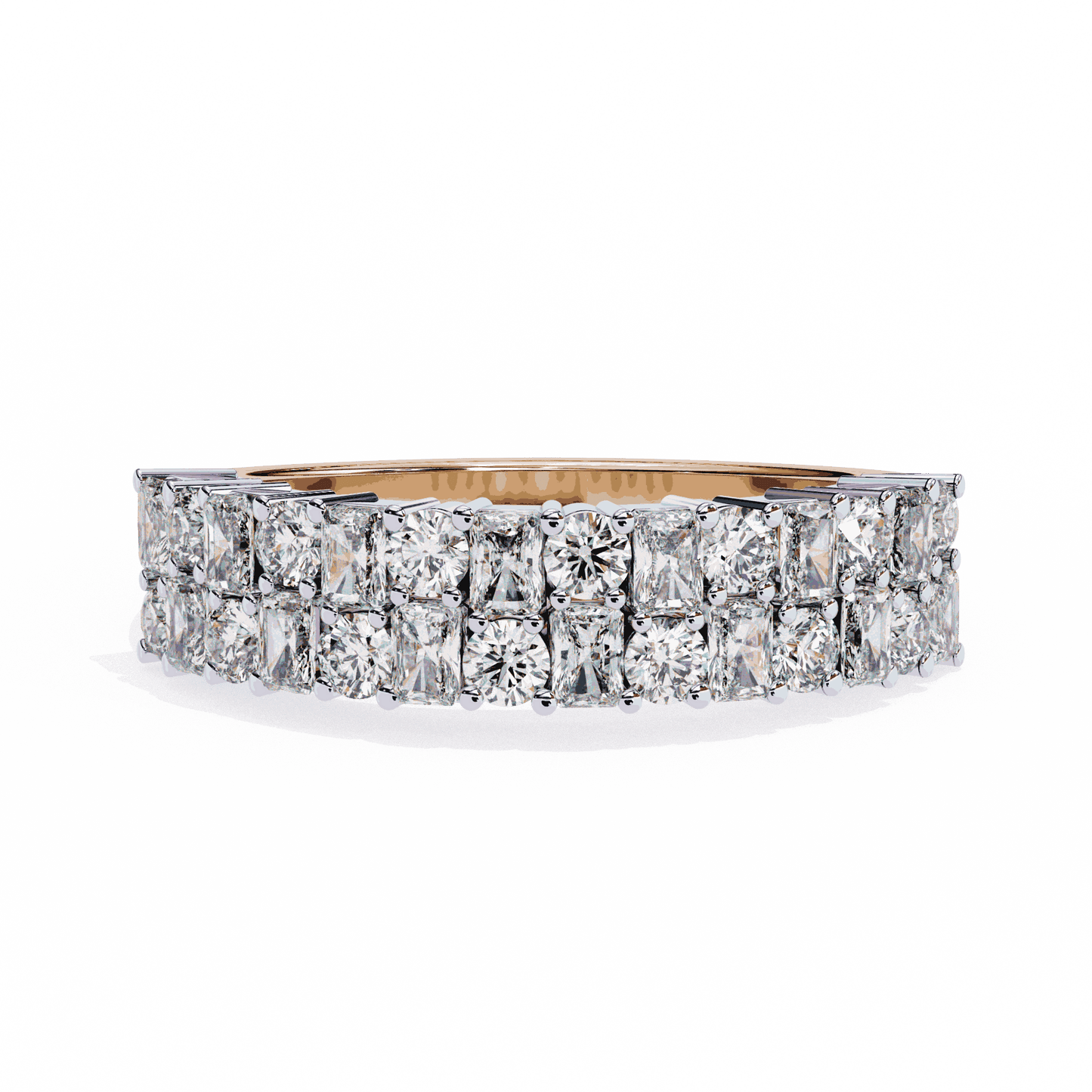 Radiant Cut Lab Grown Diamond Pave Engagement Ring with Double Row Checkerboard Mixed Cut Band