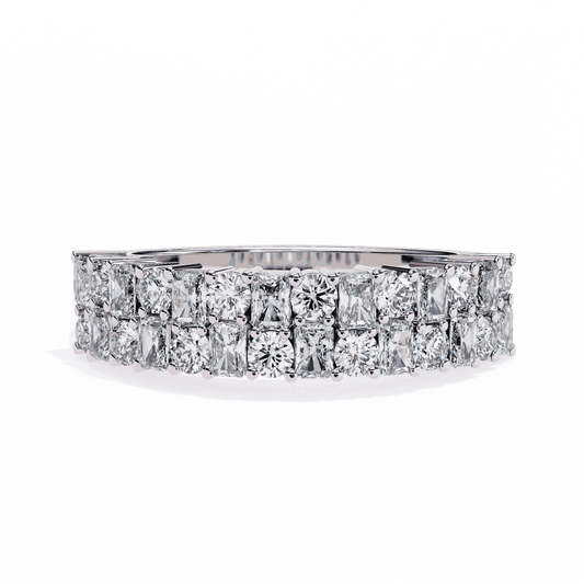 Radiant Cut Lab Grown Diamond Pave Engagement Ring with Double Row Checkerboard Mixed Cut Band
