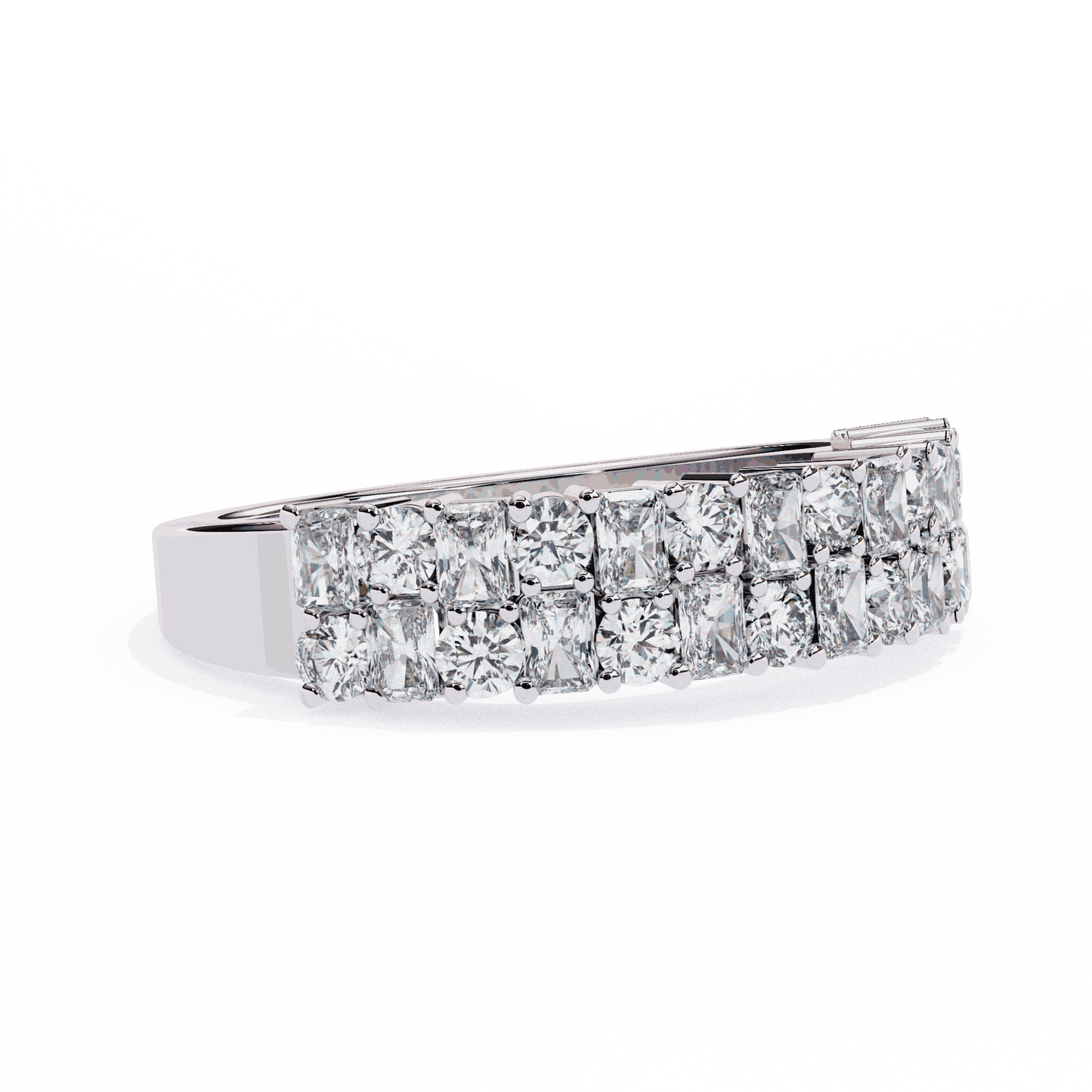 Radiant Cut Lab Grown Diamond Pave Engagement Ring with Double Row Checkerboard Mixed Cut Band