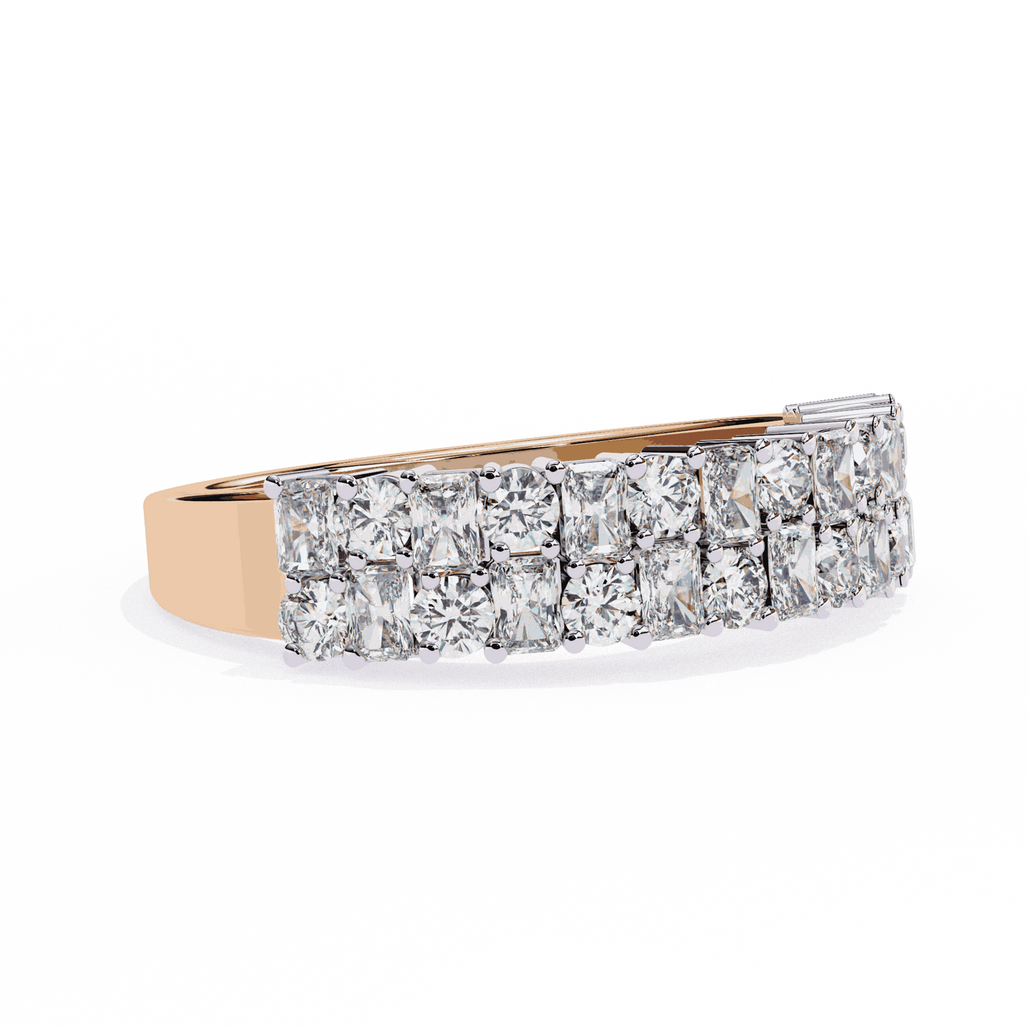 Radiant Cut Lab Grown Diamond Pave Engagement Ring with Double Row Checkerboard Mixed Cut Band