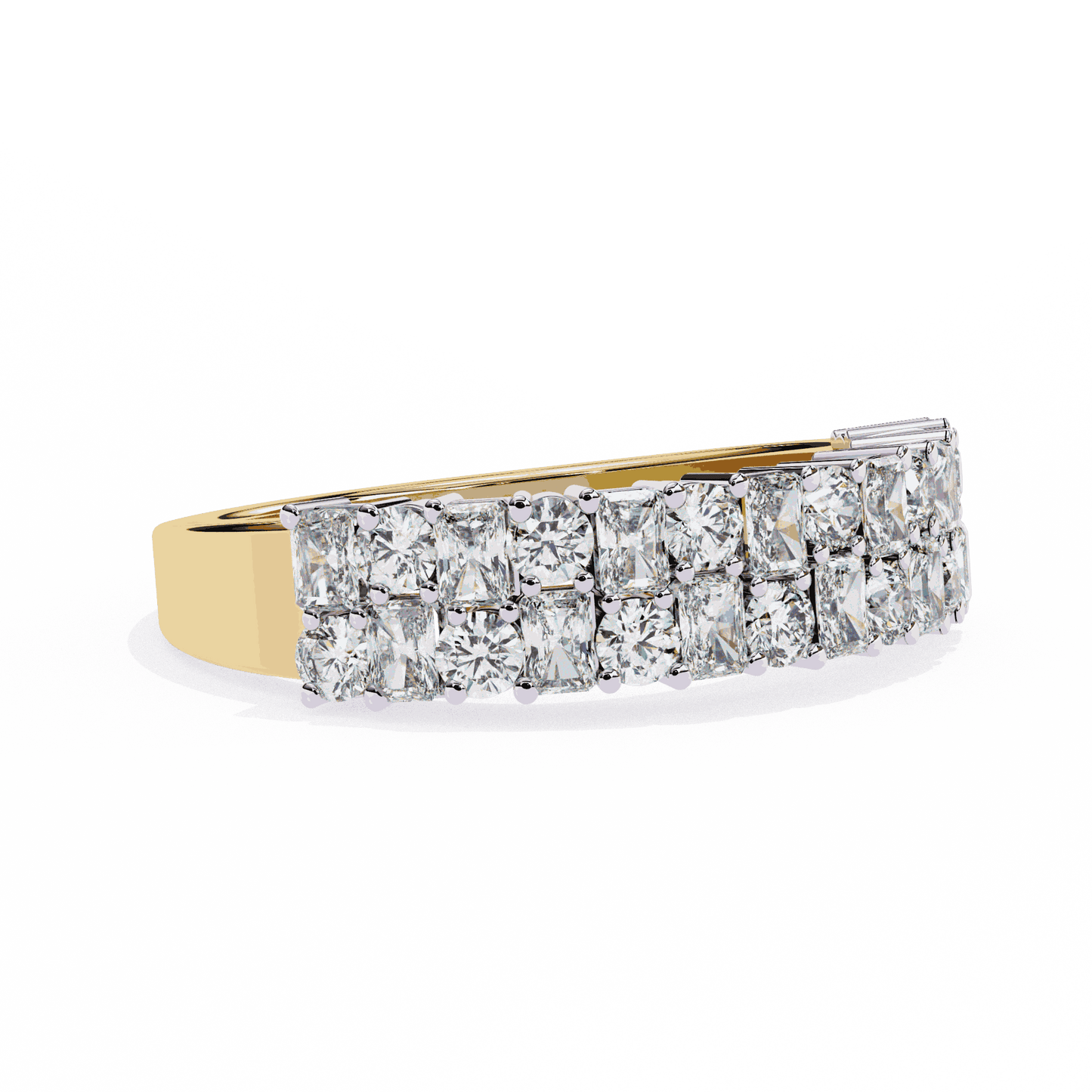 Radiant Cut Lab Grown Diamond Pave Engagement Ring with Double Row Checkerboard Mixed Cut Band