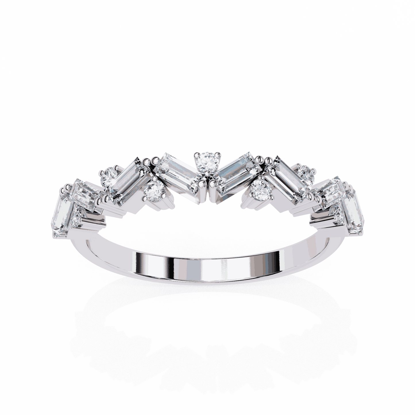 Baguette Cut Lab Grown Diamond Side Stone Engagement Ring with Scattered Round Accents