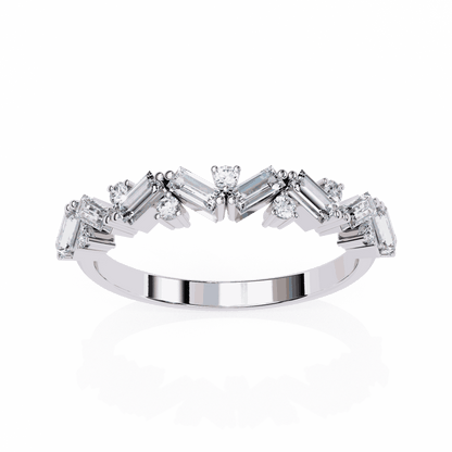 Baguette Cut Lab Grown Diamond Side Stone Engagement Ring with Scattered Round Accents