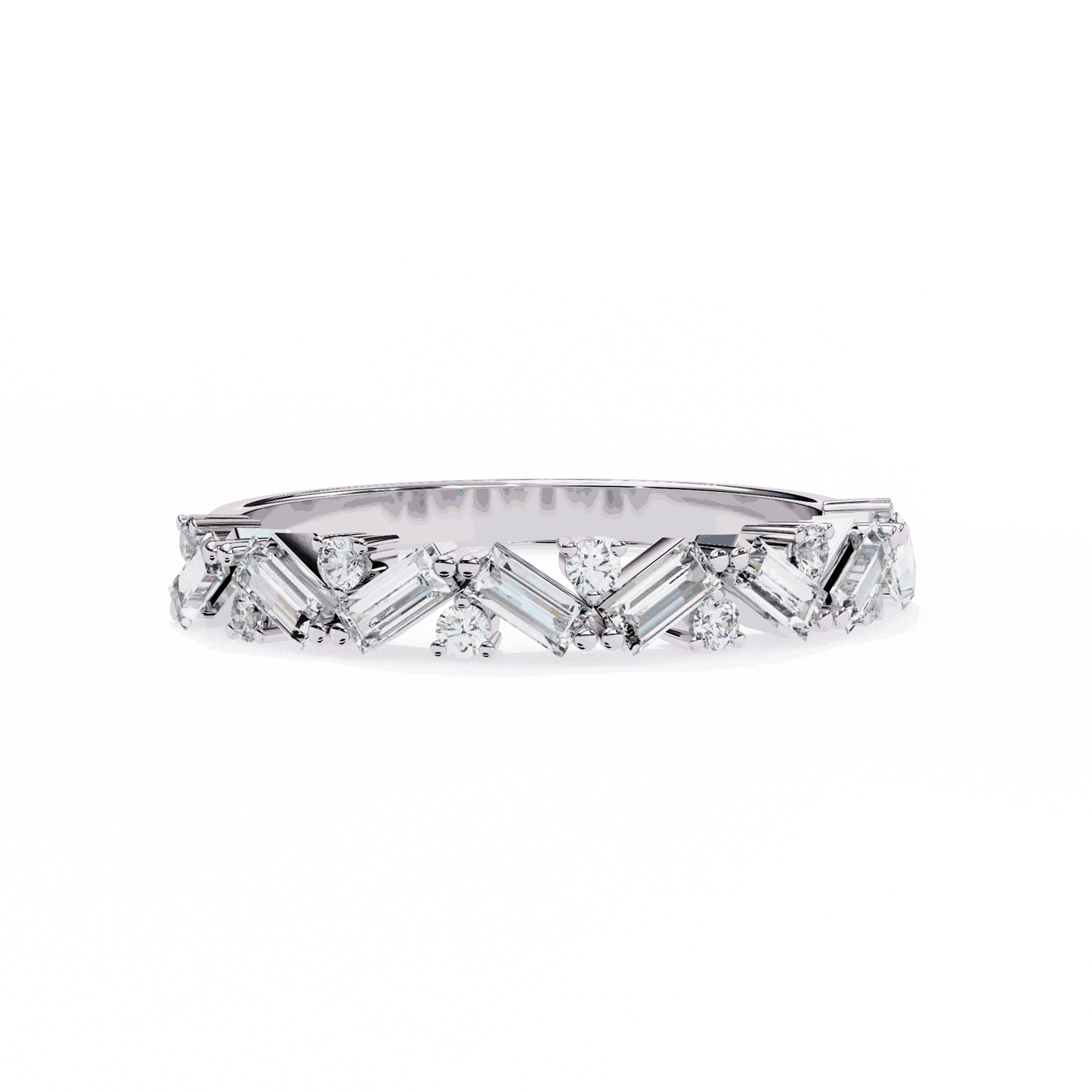 Baguette Cut Lab Grown Diamond Side Stone Engagement Ring with Scattered Round Accents