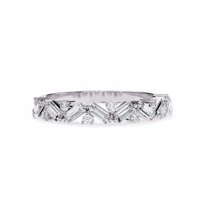 Baguette Cut Lab Grown Diamond Side Stone Engagement Ring with Scattered Round Accents