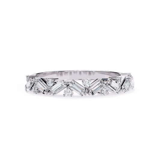 Baguette Cut Lab Grown Diamond Side Stone Engagement Ring with Scattered Round Accents