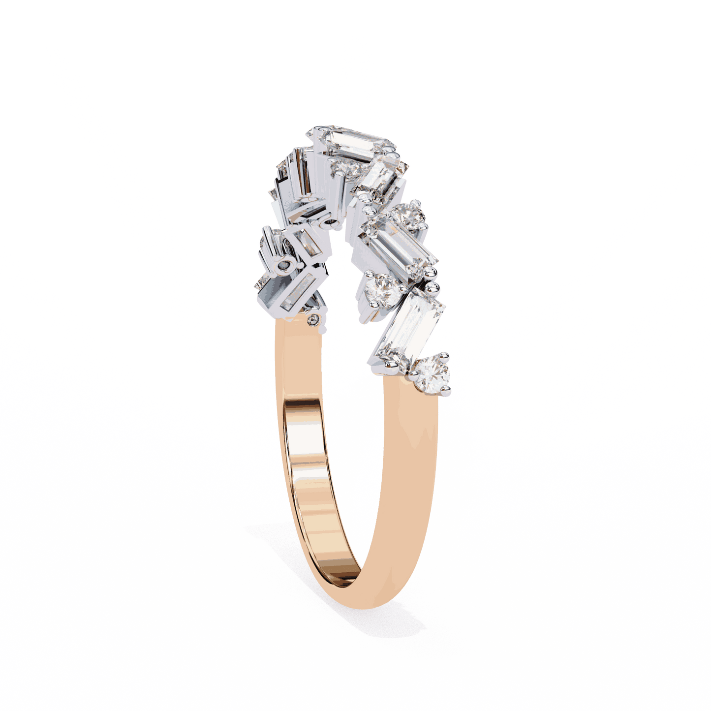 Baguette Cut Lab Grown Diamond Side Stone Engagement Ring with Scattered Round Accents