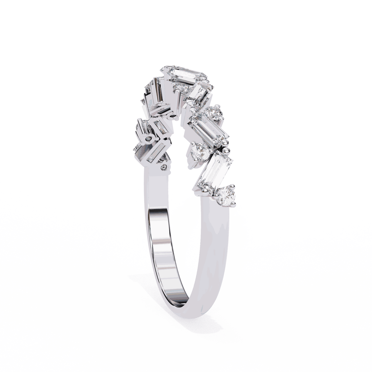 Baguette Cut Lab Grown Diamond Side Stone Engagement Ring with Scattered Round Accents