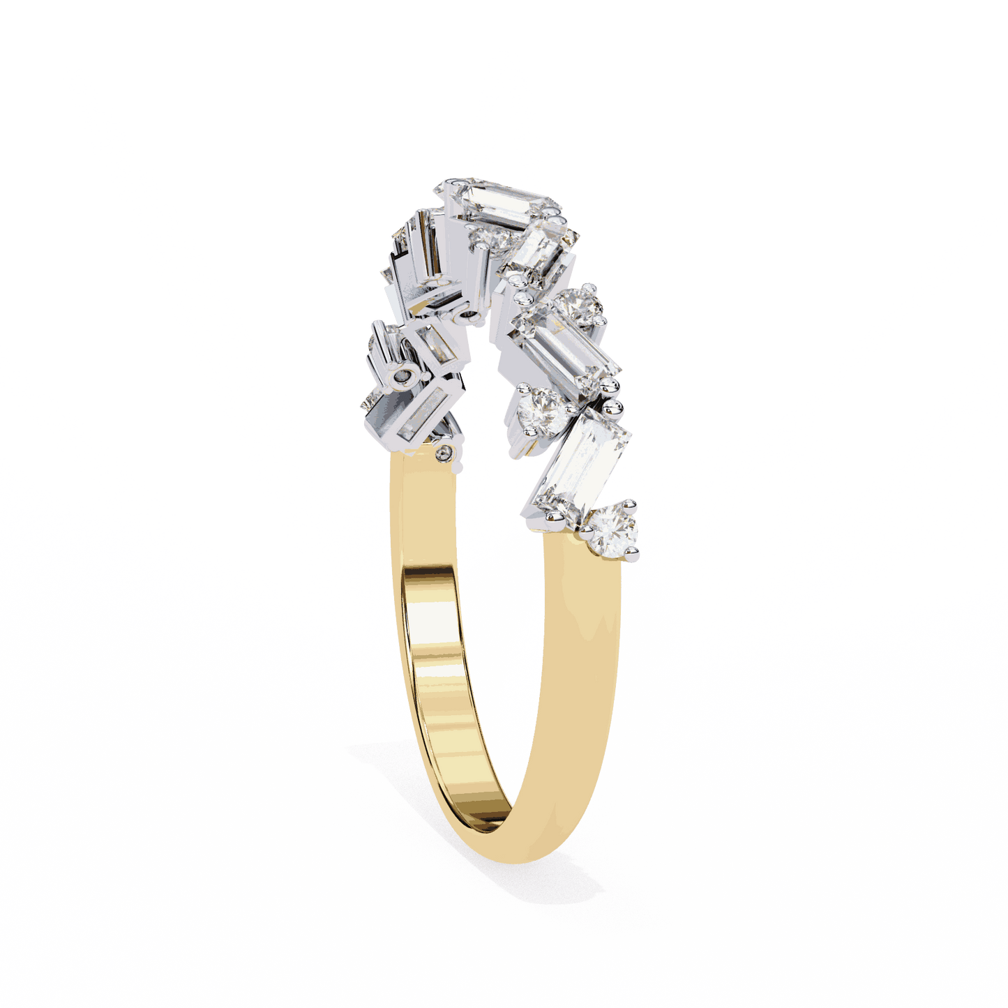 Baguette Cut Lab Grown Diamond Side Stone Engagement Ring with Scattered Round Accents