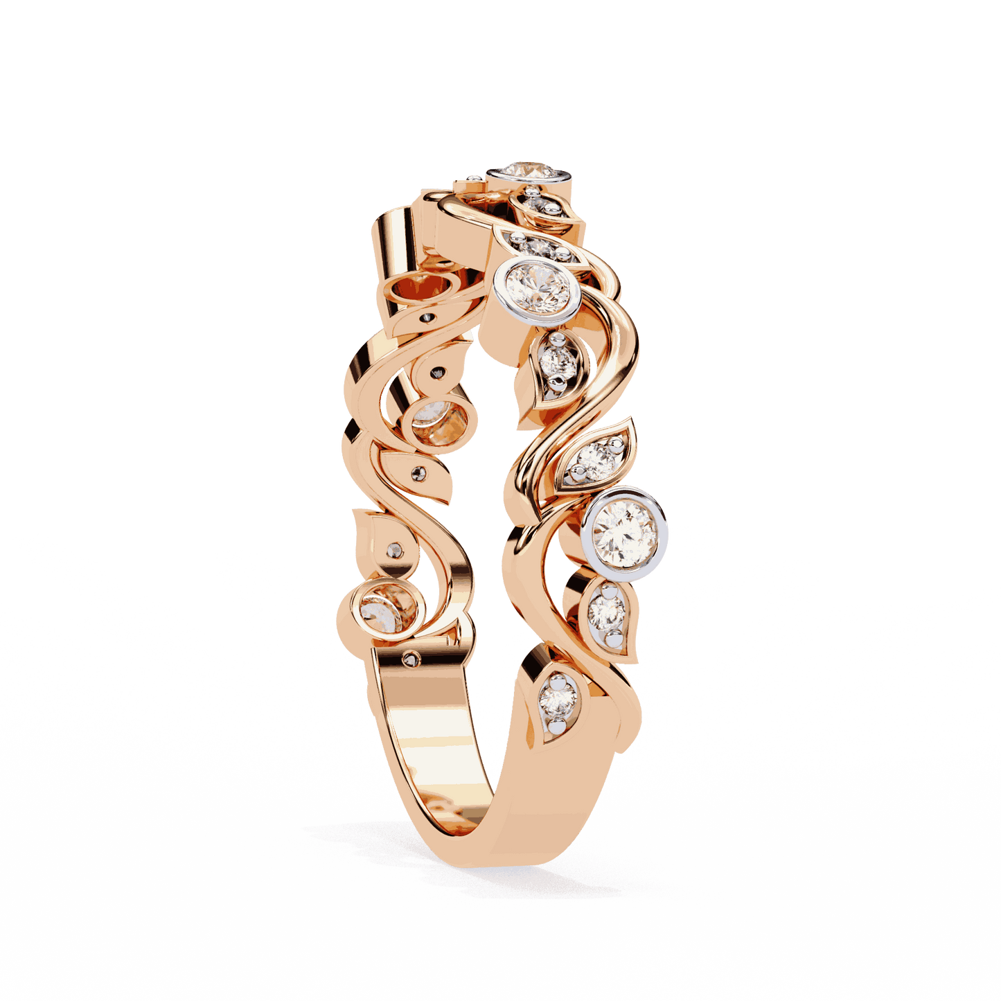 Round Cut Lab Grown Diamond Bezel Engagement Ring with Art Nouveau Vine and Leaf Scroll Band