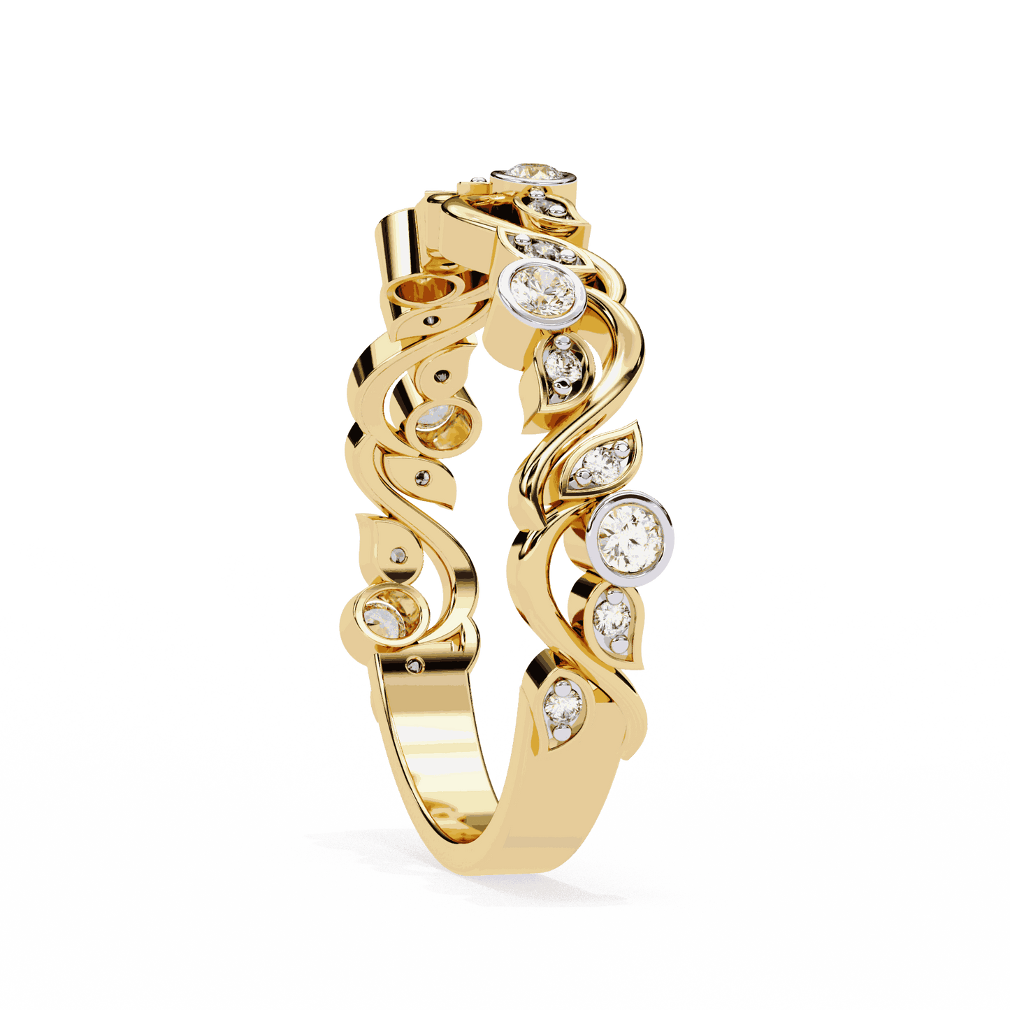 Round Cut Lab Grown Diamond Bezel Engagement Ring with Art Nouveau Vine and Leaf Scroll Band