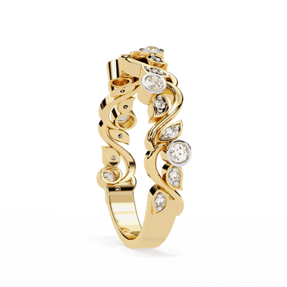 Round Cut Lab Grown Diamond Bezel Engagement Ring with Art Nouveau Vine and Leaf Scroll Band