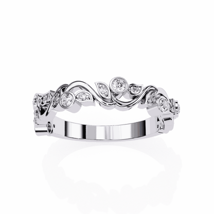 Round Cut Lab Grown Diamond Bezel Engagement Ring with Art Nouveau Vine and Leaf Scroll Band