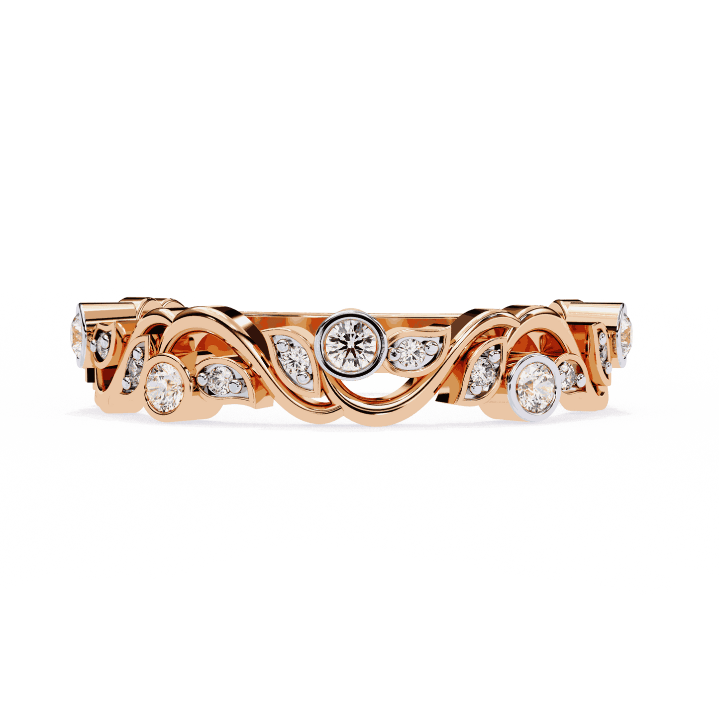 Round Cut Lab Grown Diamond Bezel Engagement Ring with Art Nouveau Vine and Leaf Scroll Band