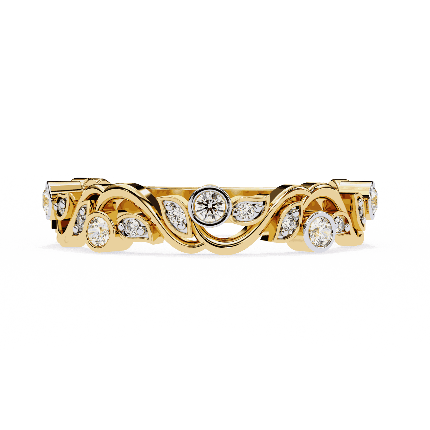 Round Cut Lab Grown Diamond Bezel Engagement Ring with Art Nouveau Vine and Leaf Scroll Band