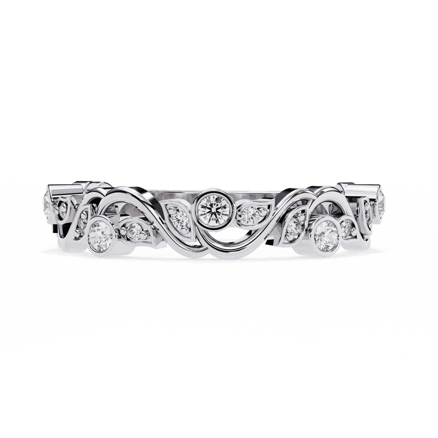 Round Cut Lab Grown Diamond Bezel Engagement Ring with Art Nouveau Vine and Leaf Scroll Band