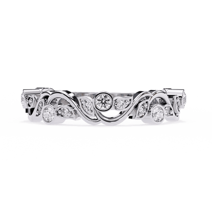 Round Cut Lab Grown Diamond Bezel Engagement Ring with Art Nouveau Vine and Leaf Scroll Band