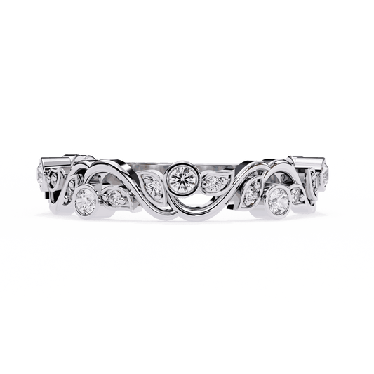 Round Cut Lab Grown Diamond Bezel Engagement Ring with Art Nouveau Vine and Leaf Scroll Band
