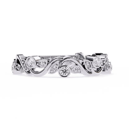 Round Cut Lab Grown Diamond Bezel Engagement Ring with Art Nouveau Vine and Leaf Scroll Band