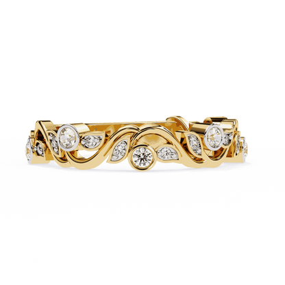 Round Cut Lab Grown Diamond Bezel Engagement Ring with Art Nouveau Vine and Leaf Scroll Band
