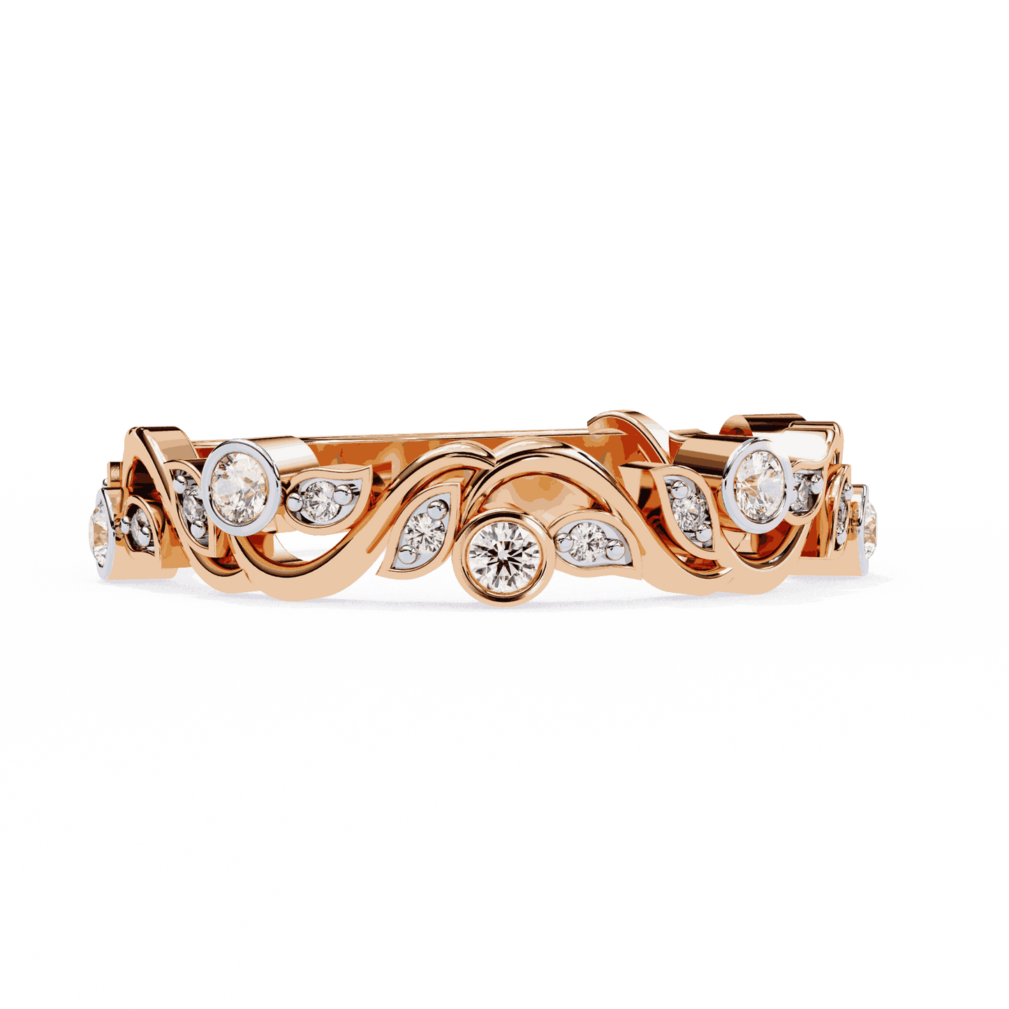 Round Cut Lab Grown Diamond Bezel Engagement Ring with Art Nouveau Vine and Leaf Scroll Band