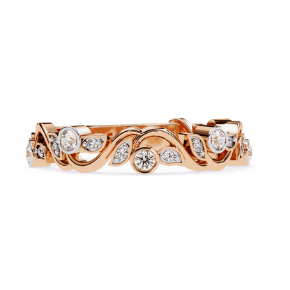 Round Cut Lab Grown Diamond Bezel Engagement Ring with Art Nouveau Vine and Leaf Scroll Band