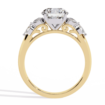 Round Cut Lab Grown Diamond Halo Engagement Ring with Sunburst Crown and Marquise Sides
